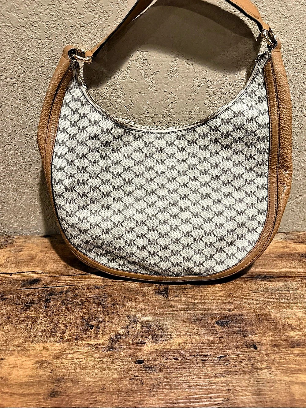 Michael Kors Nolita Large Signature Logo Hobo Shoulder Bag Brown & White